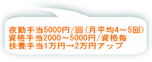 夜勤手当5000円/回(月平均4～5回) 資格手当2000～5000円/資格毎 扶養手当1万円→2万円アップ